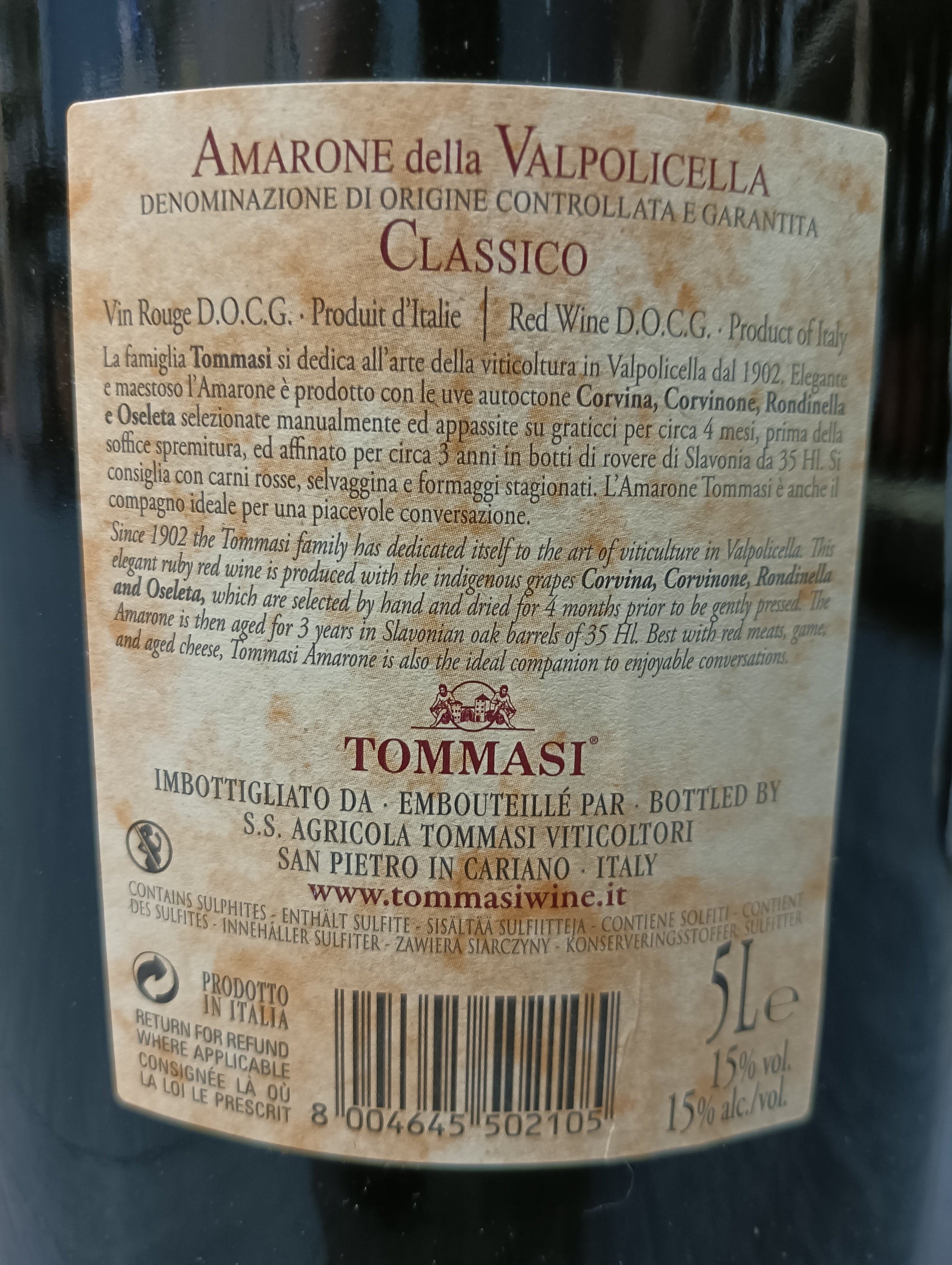 Amarone Classico Tommasi 5 Litri 2016 - Cassa Legno