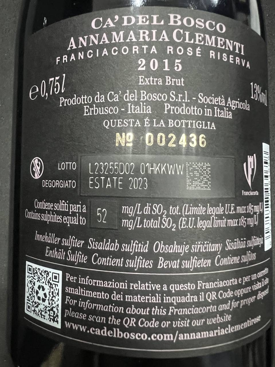 Annamaria Clementi Rosé 2015 Extra-Brut- Riserva  Ca’ Del Bosco