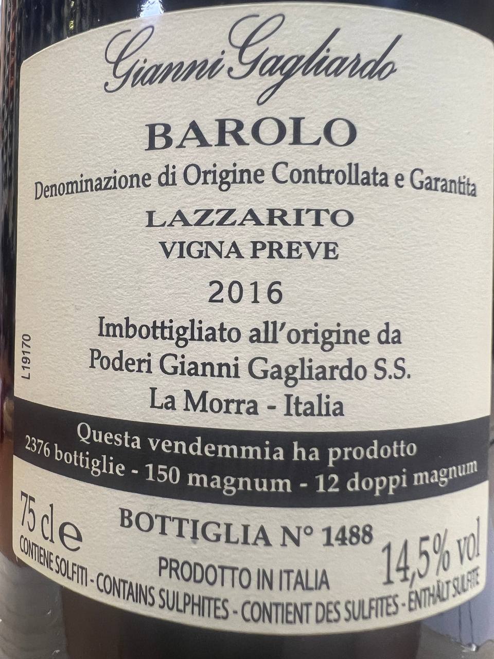 Barolo Lazzarito Vigna Preve 2016 - Poderi Gianni Gagliardo