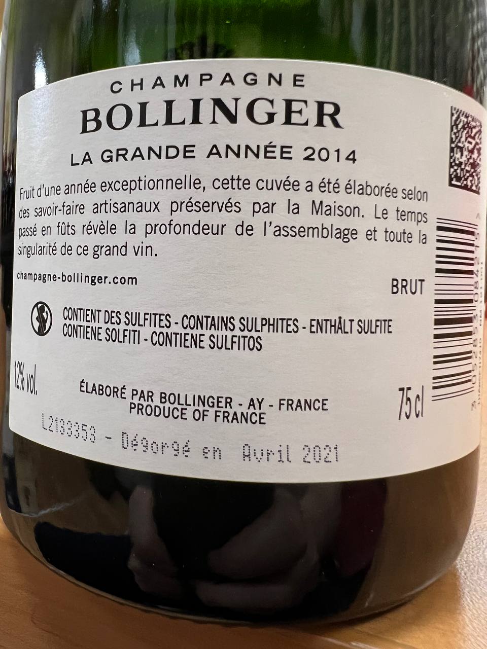 Champagne Bollinger La Grande Année 2014